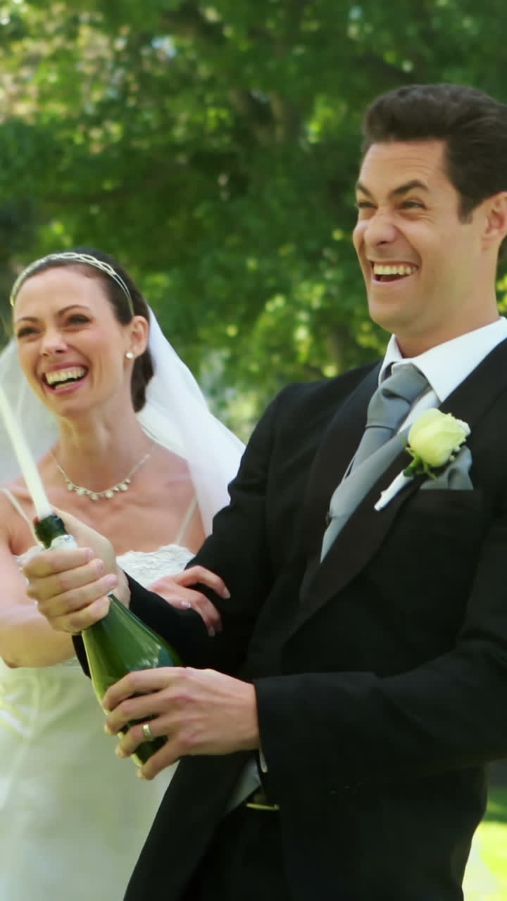 el novio abriendo una botella de champán con su nueva esposa