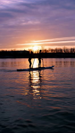 two people paddleboarding at sunset