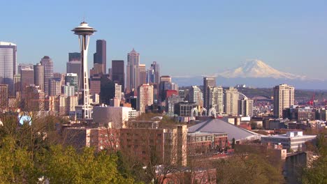 an establishing shot of seattle with the space needle