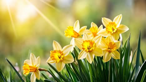 Close-up of vibrant yellow daffodils in sunlight, captured from a low angle