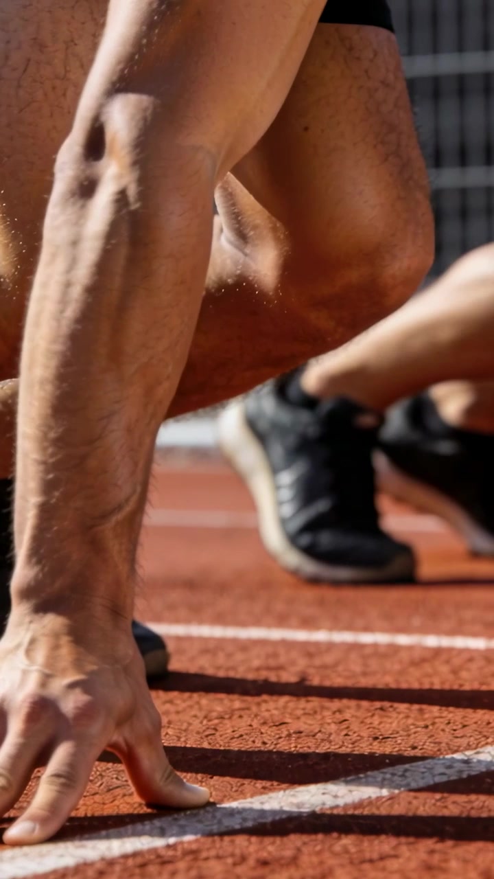Vertical video: Loading sprinter pressing hand on white lane for gun on tartan track, black shorts