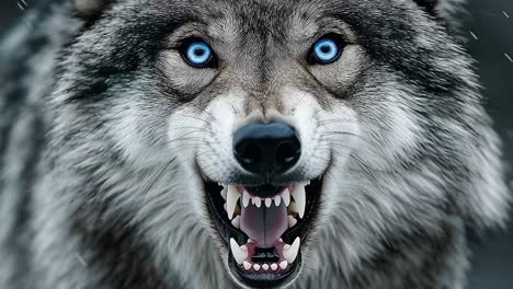 gray wolf showing teeth and growling under snowfall