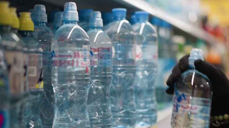 Gloved hand wearing two hand beads taking a water bottle from a shelf. The handheld camera captures the action in a supermarket setting, focusing on the act of grabbing the bottle