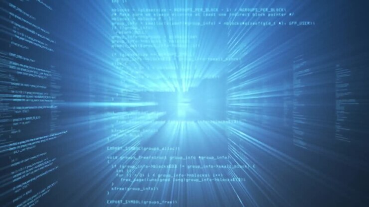 Digital animation of multiple screens with data processing against blue background