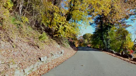 Ein-Niedriger-Blickwinkel-Auf-Eine-Ruhige-Landstraße-Mit-Bunten-Bäumen-Im-Herbst-An-Einem-Sonnigen-Morgen