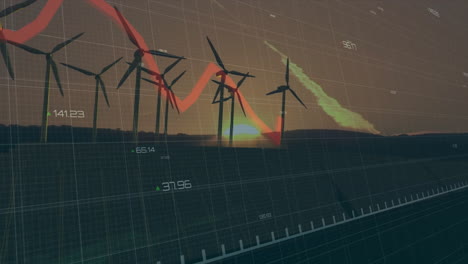 wind turbines displaying real-time animated 3d data at dusk, showing grid and line graphs