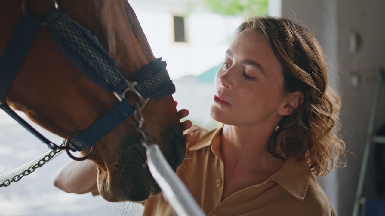 Smiling woman petting horse at paddock closeup. Gentle woman touching animal