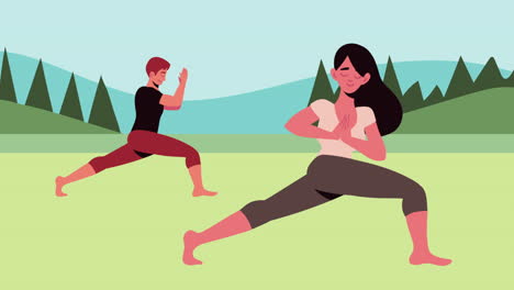 couple practicing yoga characters animation