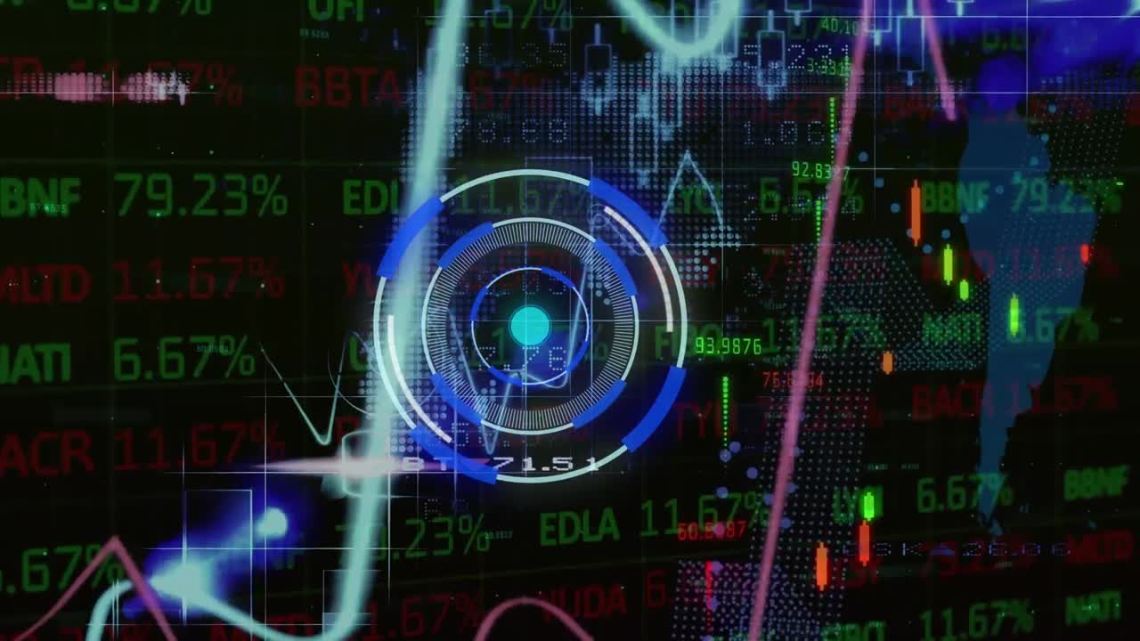 Animation of data processing with scope scanning over stock market on black background