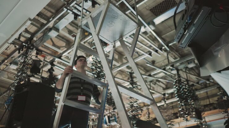Worker climbing metal ladder in studio environment, focusing on ceiling mounted lights and camera equipment, preparing for shooting or lighting adjustments