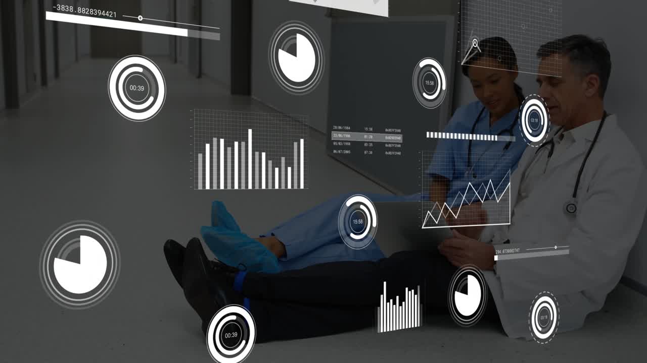 Doctor powering laptop and scrolling panels with nurse pointing at AR charts for medical review