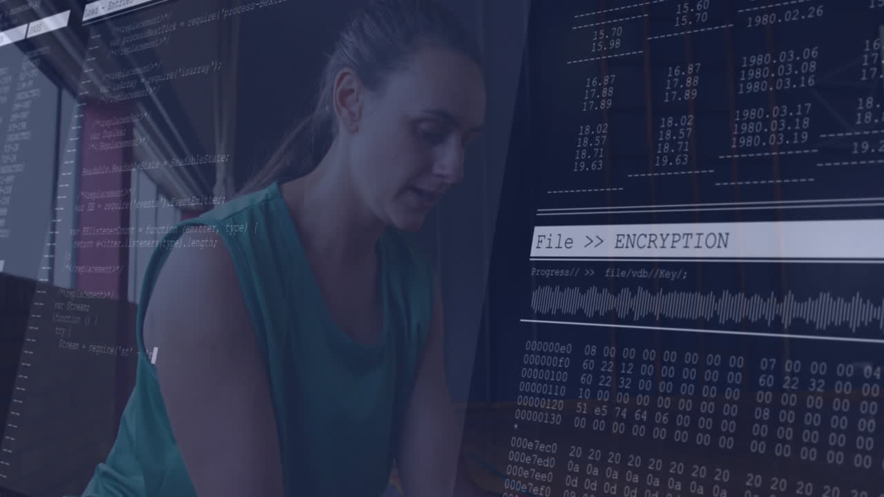 woman analyzing encryption code in modern tech office, showing floating digital code overlays