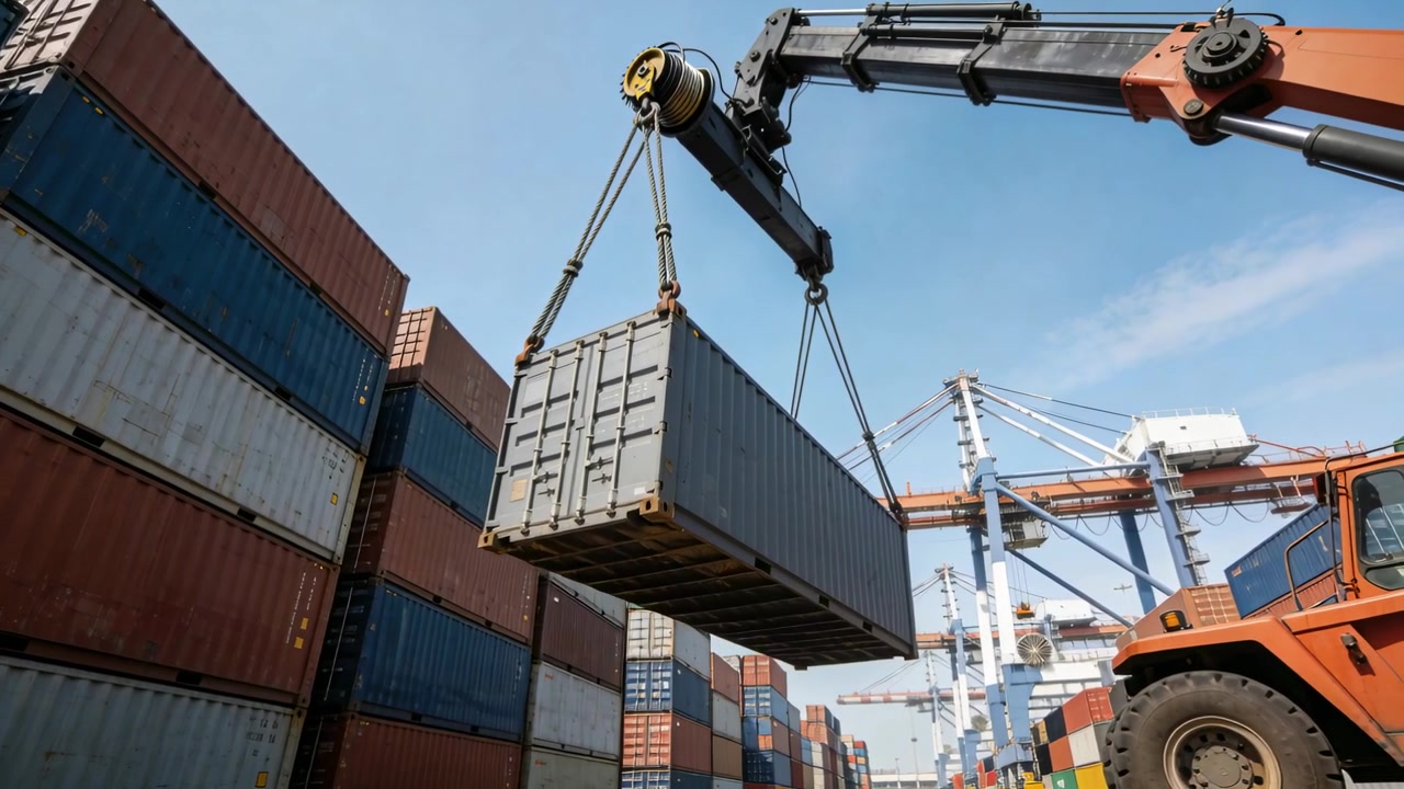 En orange stabler forlænger sin bom og flytter en ophængt grå container ved hjælp af stropper i havnen, mens den forbereder lasten.
