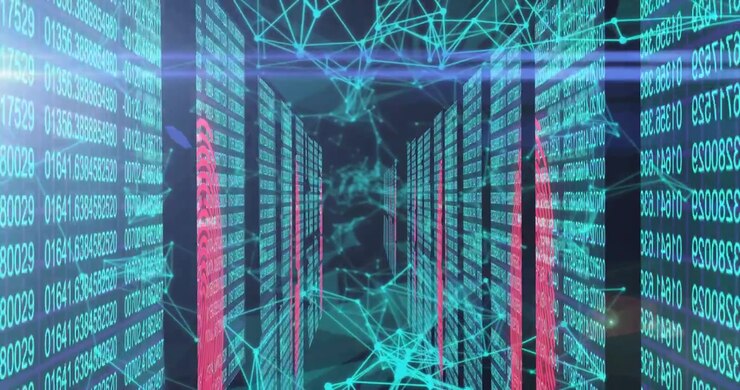 At start binary panels appearing, network mesh forming, digits scrolling, camera drifting immersing