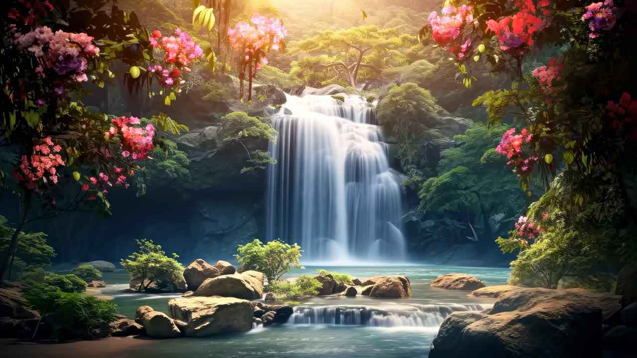 En rolig waterfall-video optaget fra en lav engel, omgivet af frodigt grønt og livlige blomster