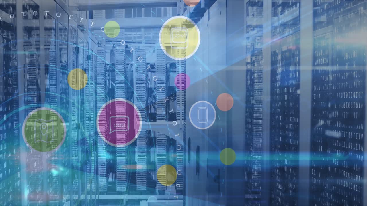 animación de iconos digitales sobre escaneo de alcance y servidores de computadora