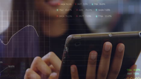 animación del procesamiento de datos del mercado de valores contra la sección media de una mujer usando una tableta digital