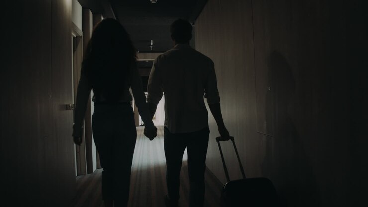 Coppia romantica che cerca la camera d'hotel. Giovane coppia che cammina con la valigia.