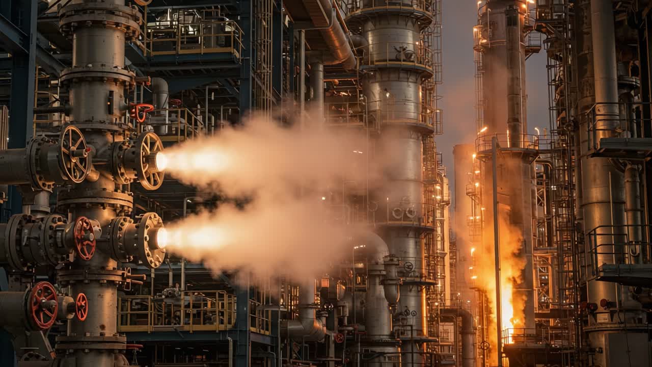 Industrial Oil Refinery Release: Capturing the Dramatic Flare and Venting of Gas in a Powerfully Engineered Facility Amidst Smoky Clouds and Industrial Structures