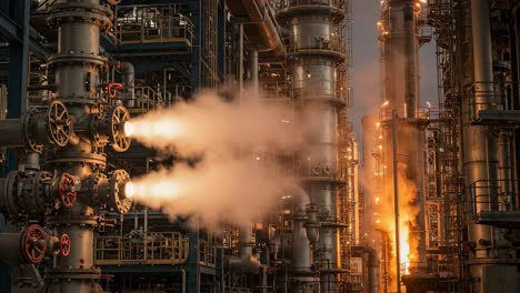 industrial oil refinery release: capturing the dramatic flare and venting of gas in a powerfully engineered facility amidst smoky clouds and industrial structures