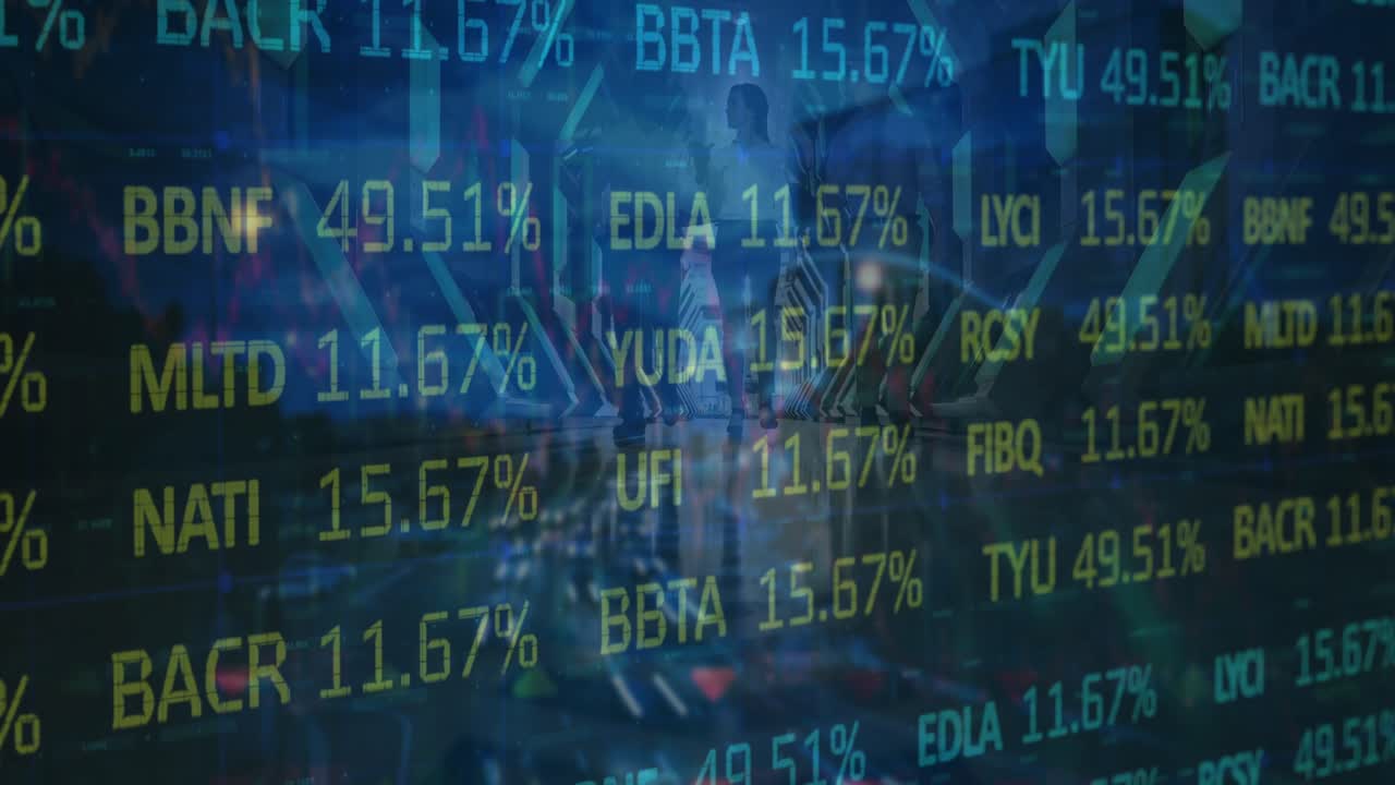 Stock market data processing against male and female engineering walking in server room