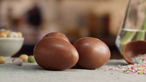 happy easter holiday. chocolate eggs close-up. preparing for easter, painting and decorating eggs. christian celebration, family traditions.