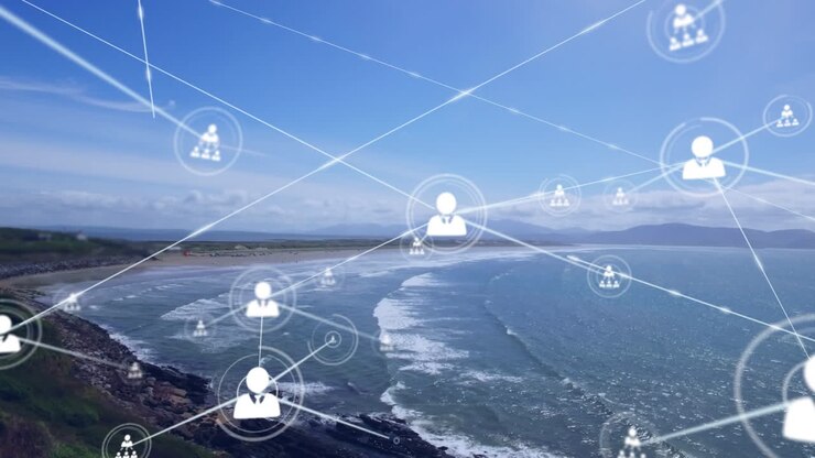 Animation of network of connections over seaside