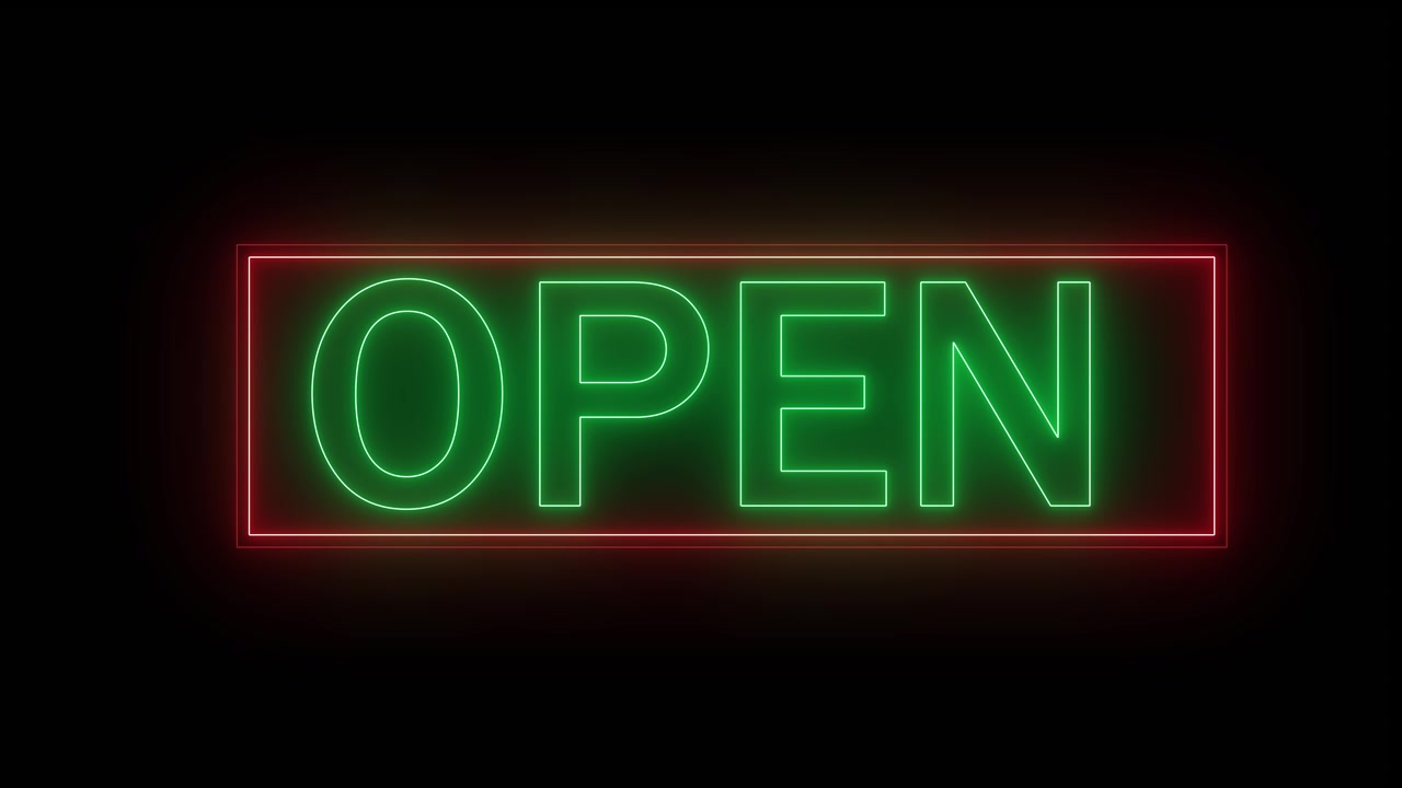 Bright neon open sign green lettering red border retail stores restaurants cafes hotels shopping