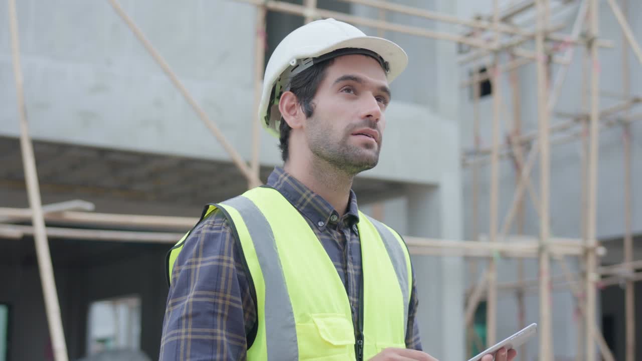 Professional male civil engineer or architect wear safety helmet. While handsome engineer use tablet to check building project, look at camera with smile on construction site. Real estate concept.