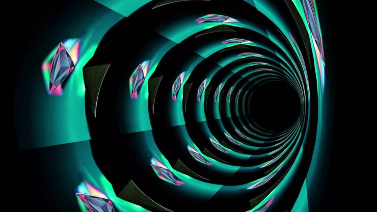 Túnel Futurista Abstrato com Cristais Brilhantes Giratórios