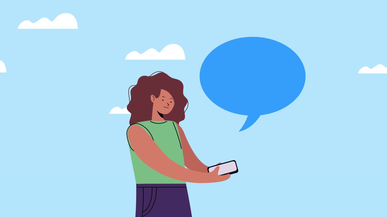 young woman walking using smartphone and speech bubble