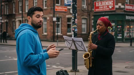 a musician enlivens the street: a captivating moment with a saxophonist performing for an engaged audience under urban city lights
