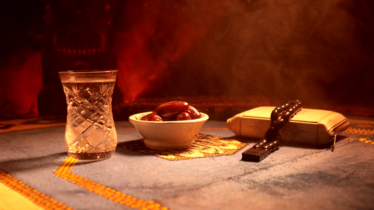 agua y dátiles. el iftar es la comida de la noche. vista deslizante de la decoración vacaciones de ramadán kareem. tarjeta de felicitación festiva, invitación para el mes sagrado musulmán ramadán kareem. fondo oscuro. enfoque selectivo