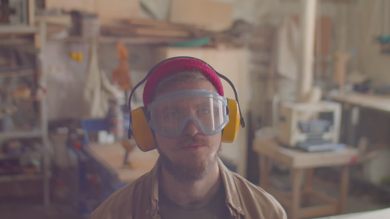 Portrait of Carpenter in Safety Glasses and Earmuffs