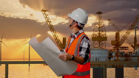 vista lateral de un ingeniero masculino asiático con casco de seguridad mirando el plano en sus manos y mirando a su alrededor mientras está de pie con la producción de hidrógeno en alta mar