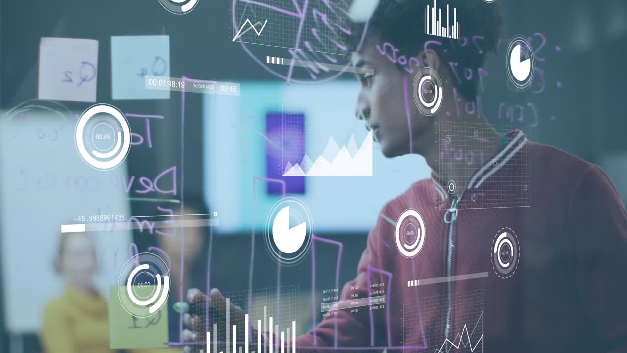 Animation of data processing over diverse business people in office