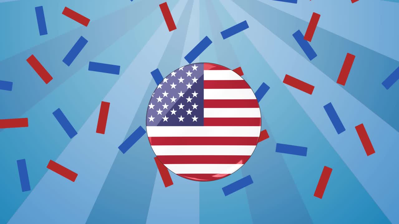 파란 줄무 ⁇ 에 빨간색,  ⁇ 색 및 파란색 콘페티와 함께 원으로 된 미국  ⁇ 발의 애니메이션