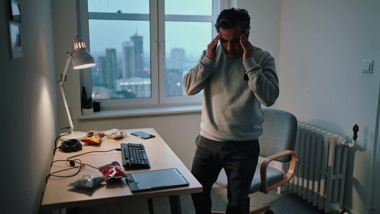 Pushing chair back, man in grey sweatshirt rising at window desk rubbing temples for relief, lamp