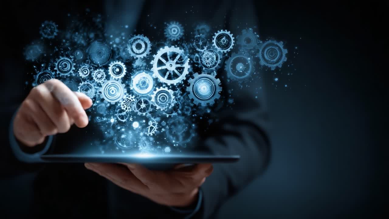 A Futuristic Exploration of Technology and Innovation Illustrated Through Dynamic Gears and Mechanisms Emerging from a Digital Tablet Interface