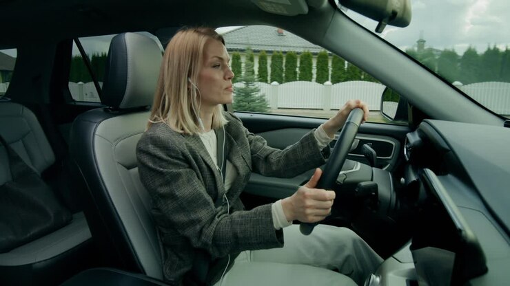 Donna che guida un'auto e ascolta musica
