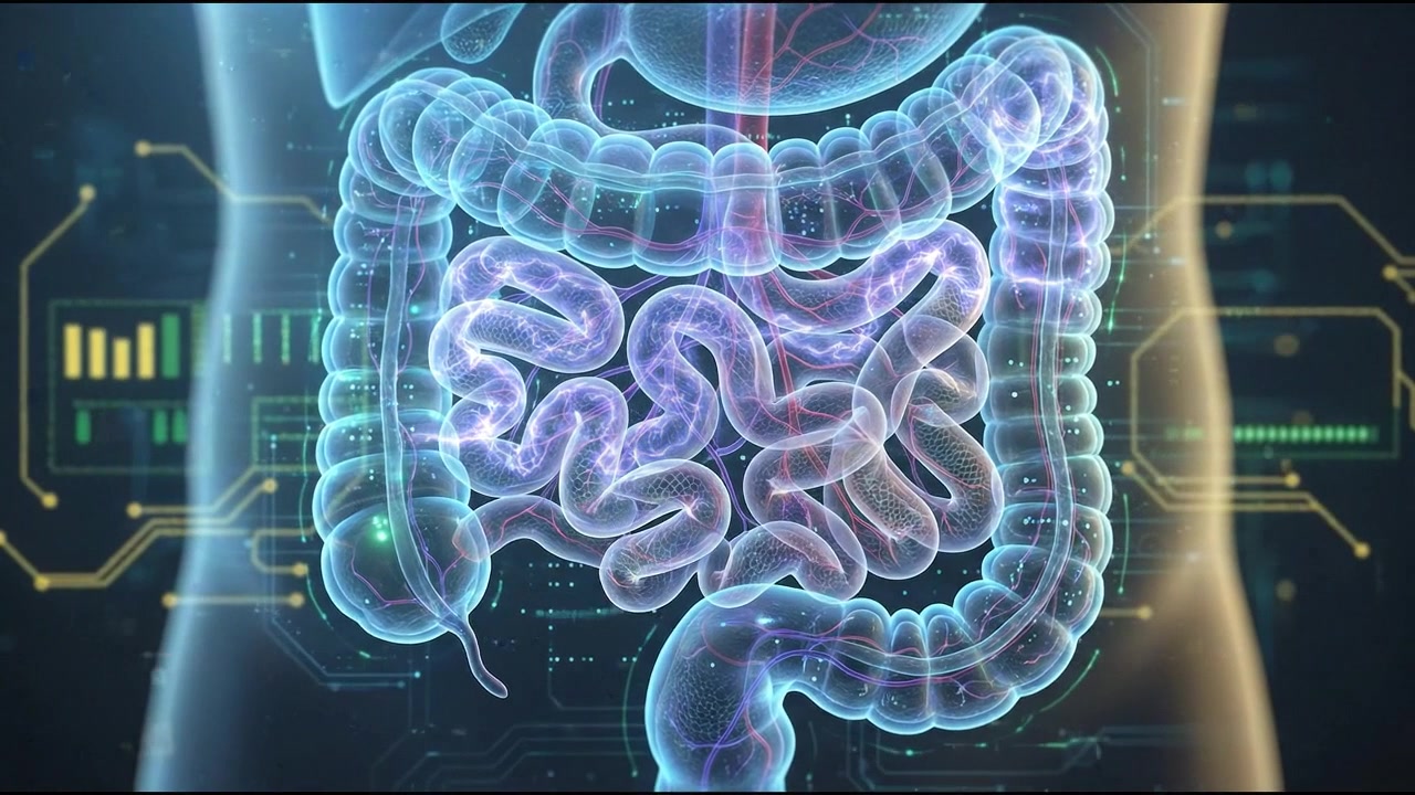 3D render of human digestive system stomach and intestines hologram, horizontal 16:9 video