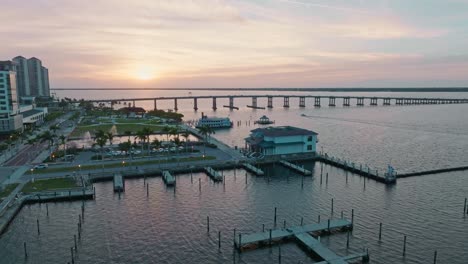 aerial forward harbor fort myers, florida, usa, panorama view during sunset