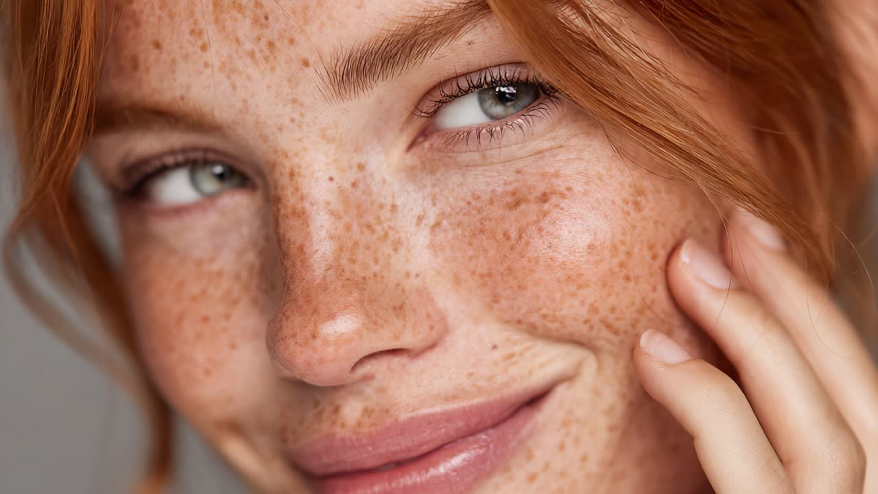 Primo piano accattivante di una donna con lentiggini, pelle radiosa e bellezza naturale che enfatizza il suo sorriso giocoso e i suoi occhi espressivi.