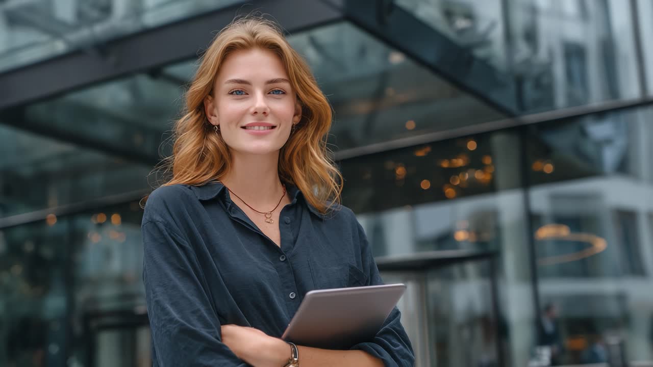 Giovane donna sorridente e sicura di sé con un tablet in mano, che mostra un mix di professionalità e stile personale su uno sfondo urbano moderno