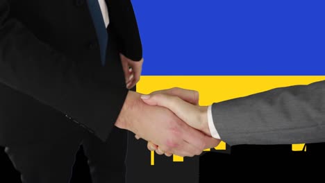 animation of caucasian businessmen shaking hands over city and flag of ukraine