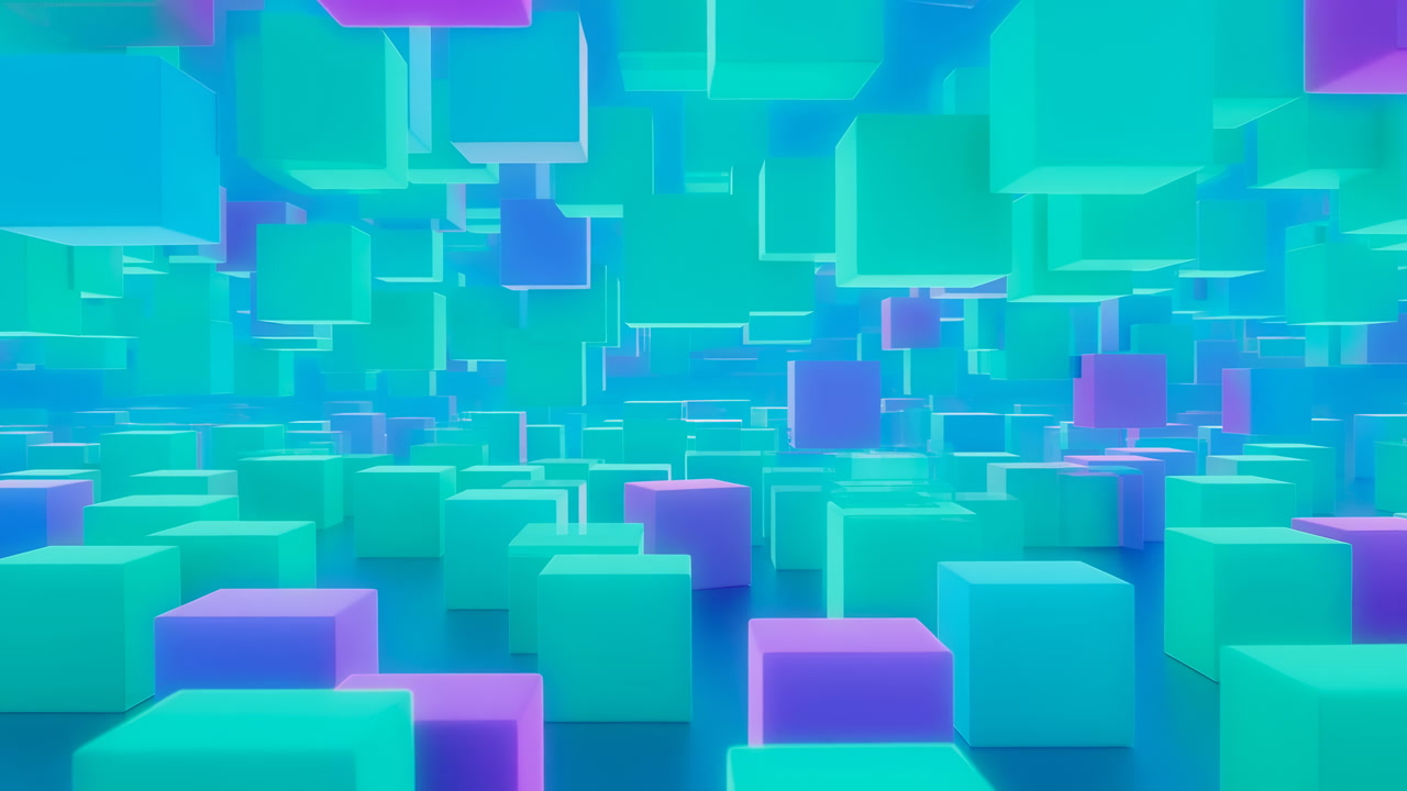 Vibrant Teal Purple Cubes Floating Through Endless Digital Cityscape With Soft Neon Glow, Repeating Geometric