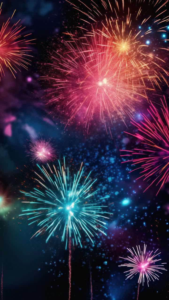 Vibrant fireworks explode against a night sky, captured from a low-angle, creating a dynamic