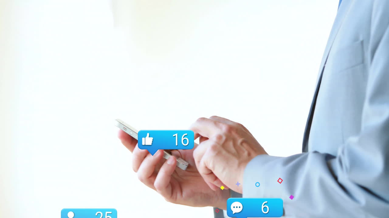 Animation of data processing over caucasian businessman with smartphone in office