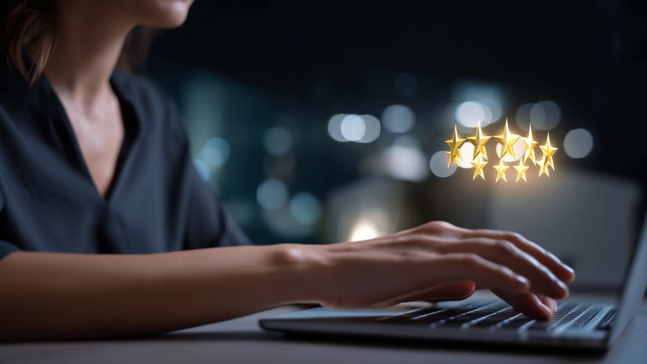 A Close-up of Hands Typing on a Laptop in a Dimly Lit Room with Glowing Star Ratings Displayed in the Background, Emphasizing Digital Feedback and Engagement
