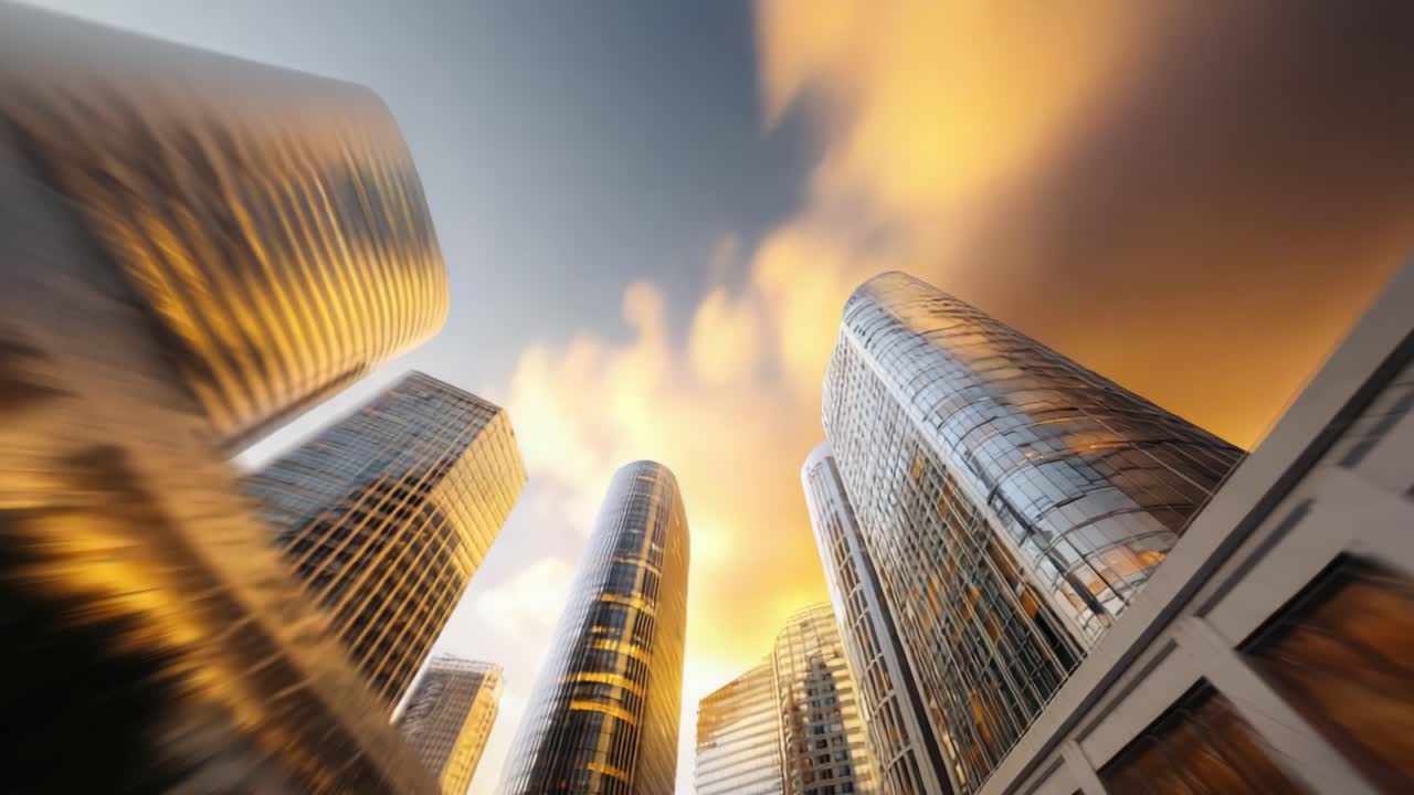 Uma vista cinematográfica de arranha-céus ao pôr do sol, capturando os reflexos e os padrões vibrantes das nuvens nos céus acima da arquitetura urbana